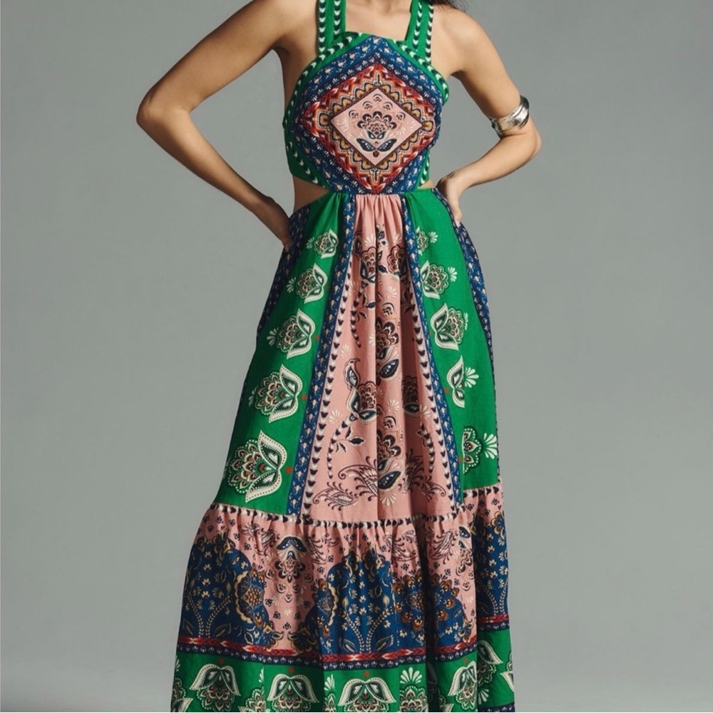 FARM Rio Green Pink Blue Paisley Maxi Dress